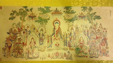 รูปภาพศิลป์โบราณเสริมวาสนาบารมีรูปพระพุทธหนึ่งพันองค์วาดลายทองบนผ้าไหมจีน